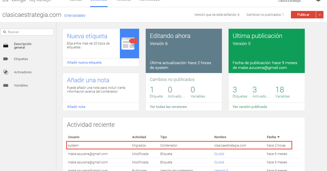 cuenta migrada Google Tag manager